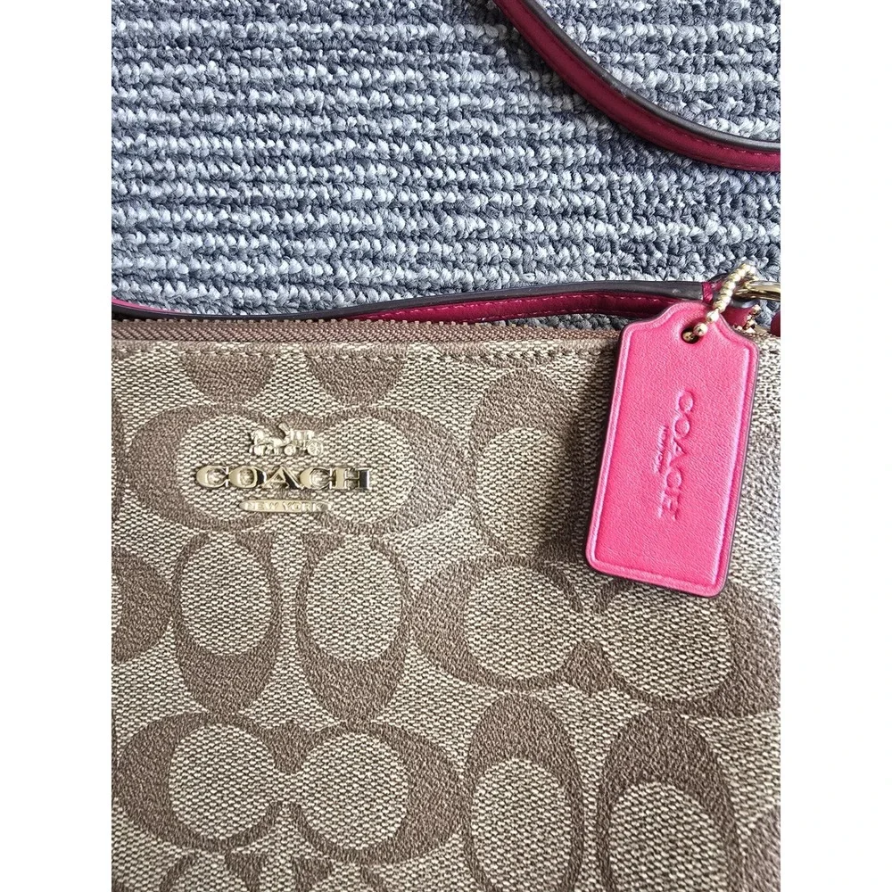 Coach North South Crossbody Bag Signature Canvas Khaki Bright Pink F58309 NEW